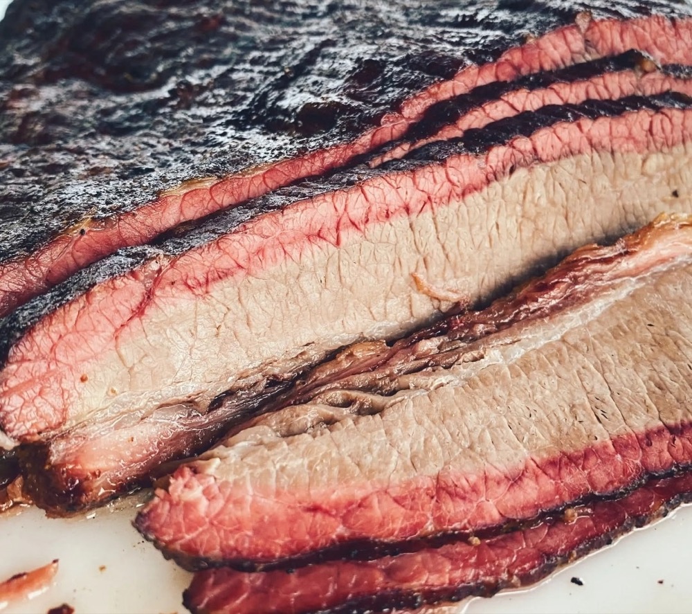 Sliced brisket with smoke ring