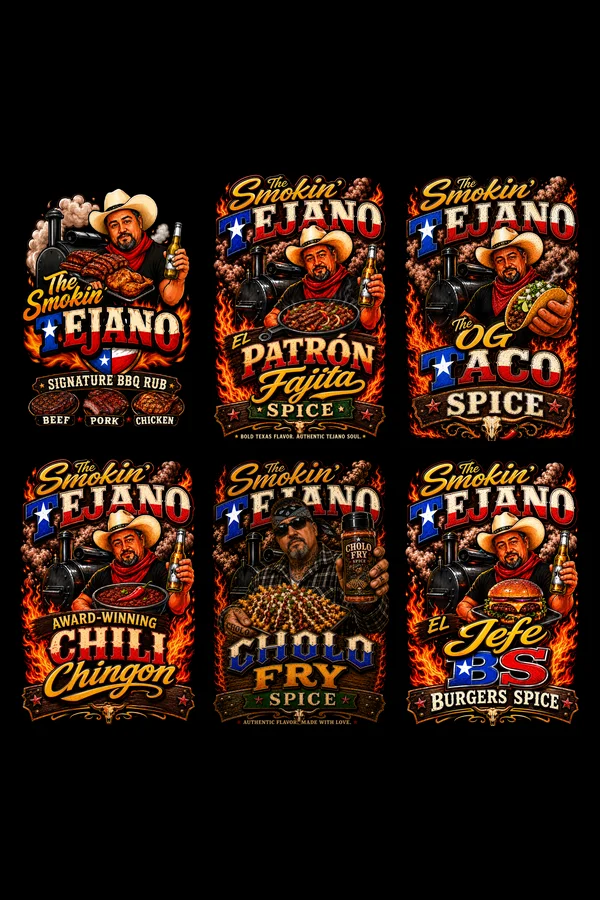 The Whole Lineup — all six Smokin' Tejano spice blends